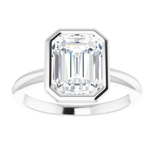 bezel set emerald cut engagement ring in white gold