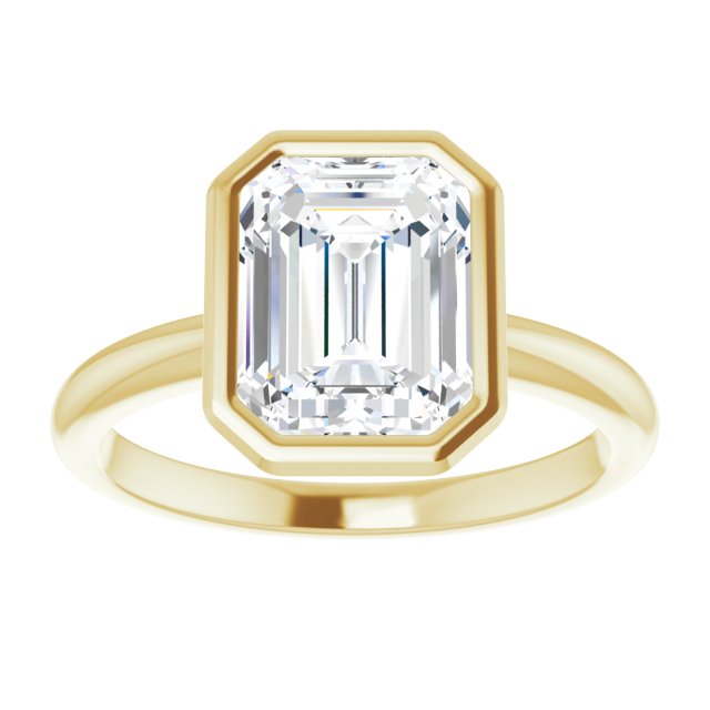 yellow gold engagement ring bezel set emerald cut moissanite