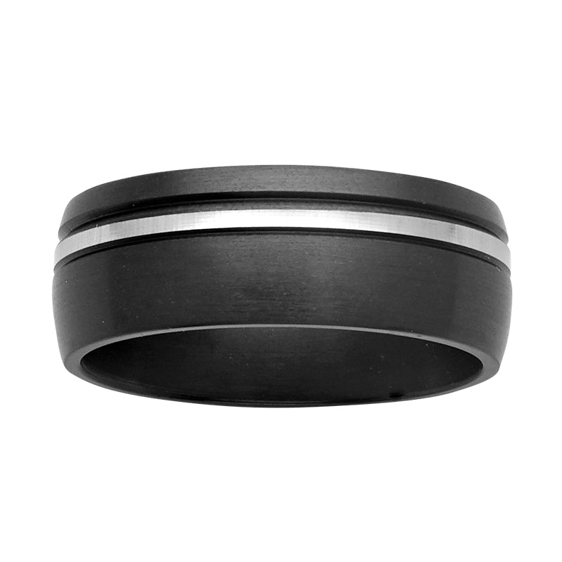 black zirconium mens wedding ring with white zirconium ridge off centre