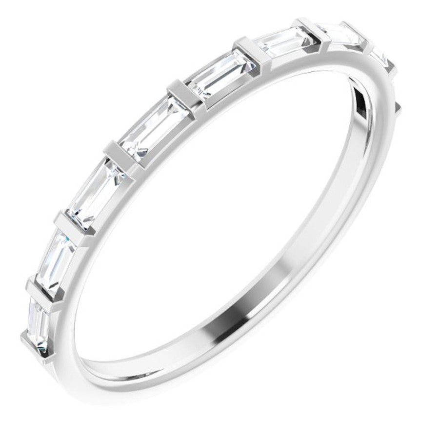 white gold eternity ring with baguette cut diamonds