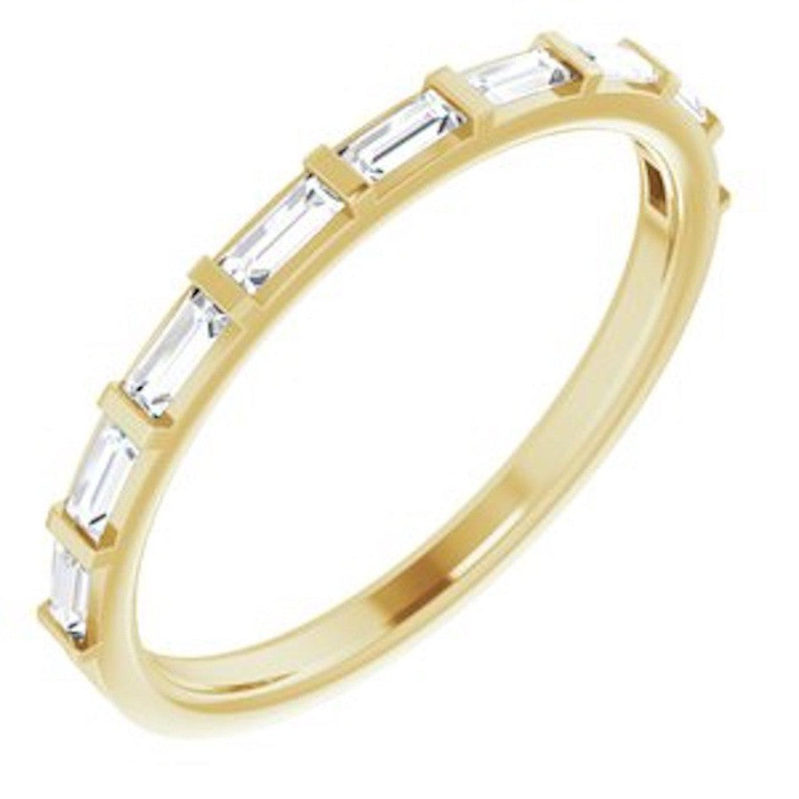 yellow gold eternity ring with baguette cut diamonds
