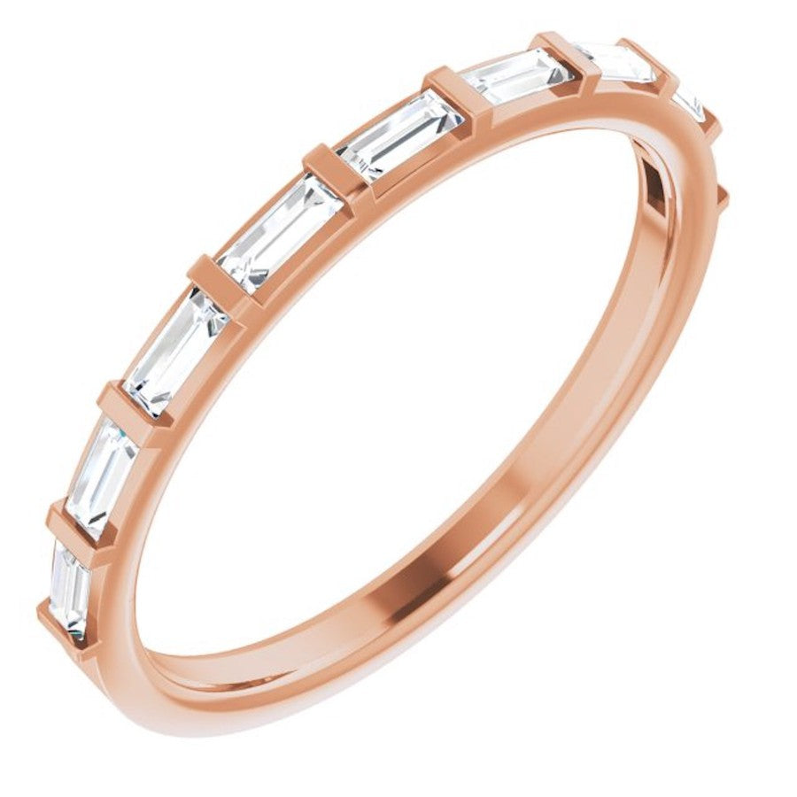 rose gold eternity ring with baguette cut diamonds
