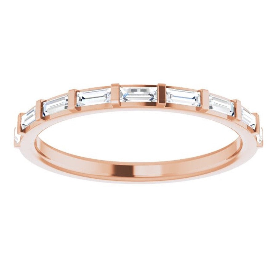 rose gold eternity ring with baguette cut diamonds