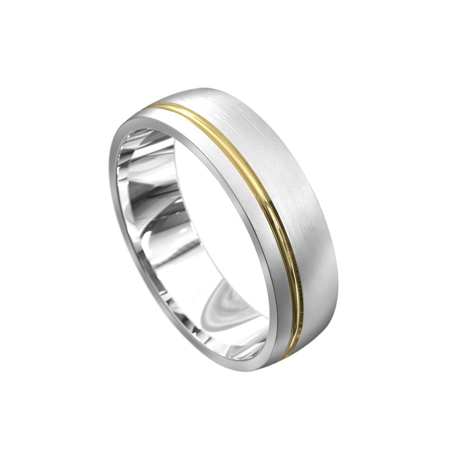 white gold mens wedding ring brushed metal with a yellow gold ridge