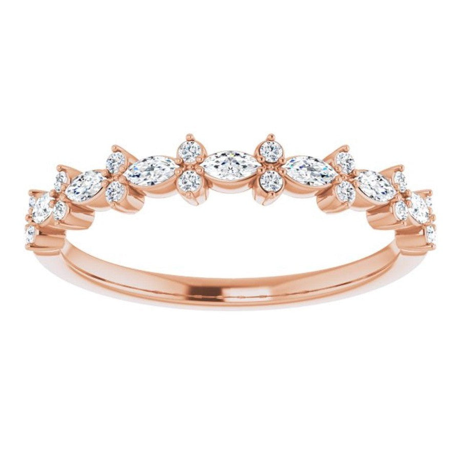 rose gold diamond wedding ring with marquise diamonds and round diamonds
