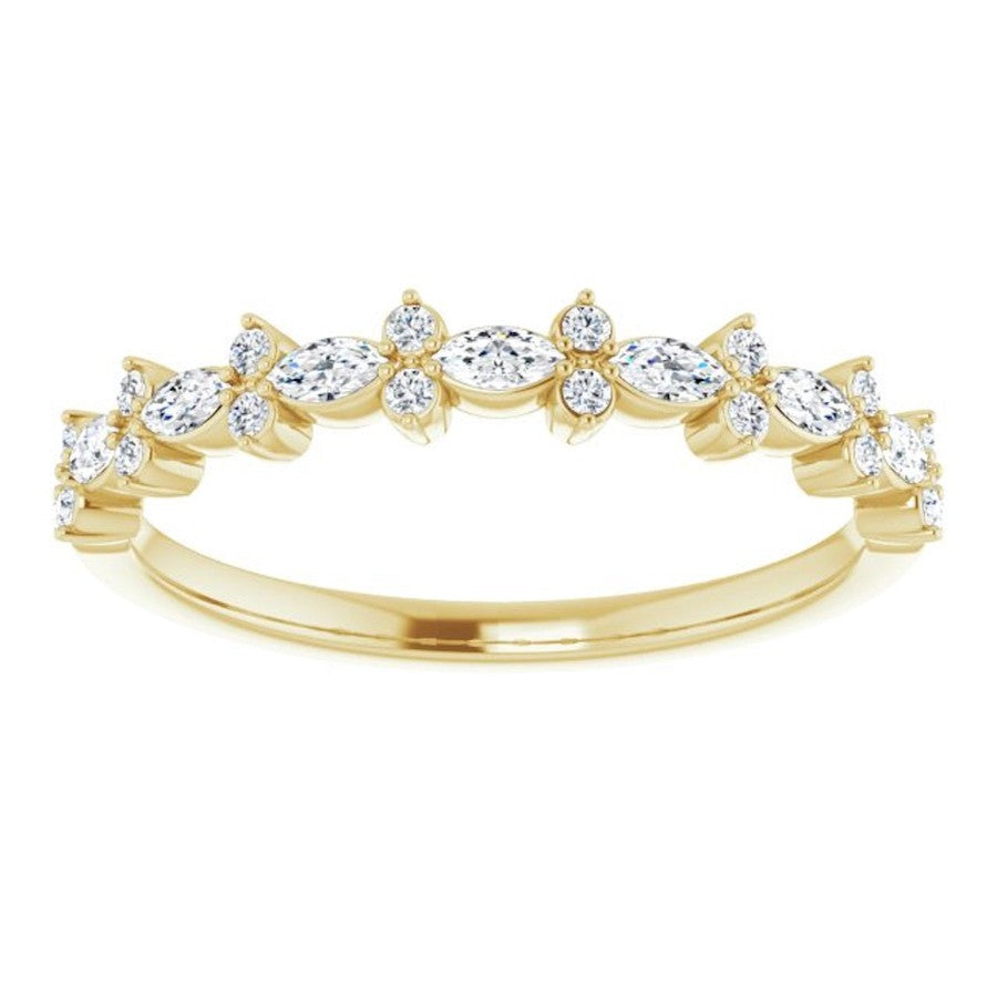 yellow gold diamond wedding ring with marquise diamonds and round diamonds