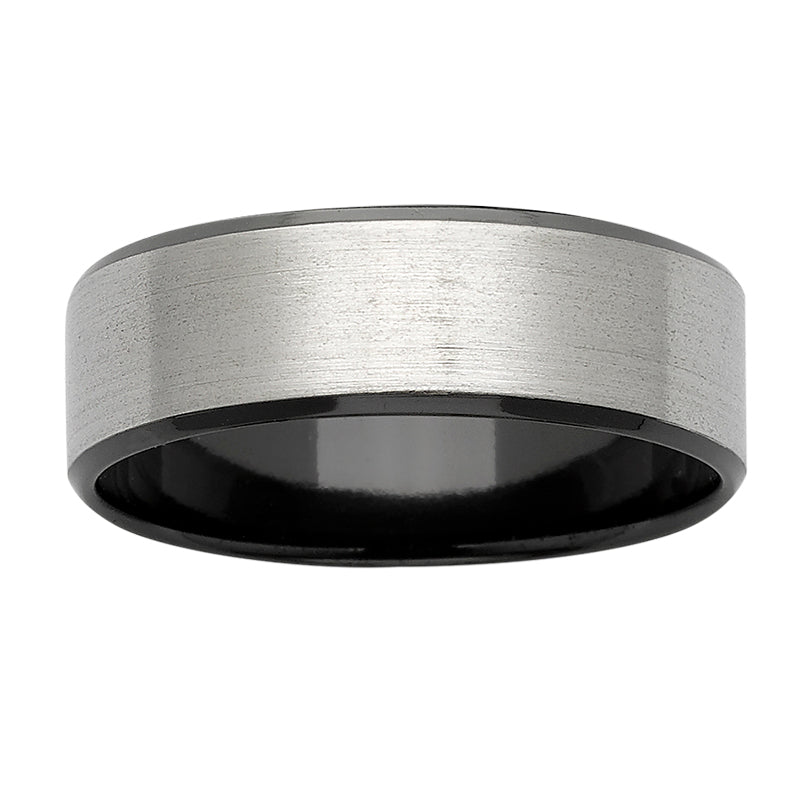 Zirconium mens ring with black beveled edge and inner 