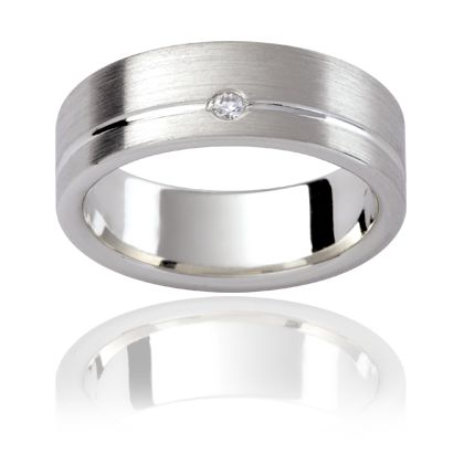 white gold mens wedding ring with brushed finish and a polished line and pressure set diamond