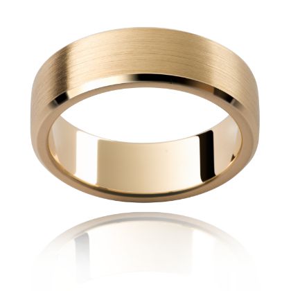 Yellow gold mens wedding ring with brushed finish and beveled edge