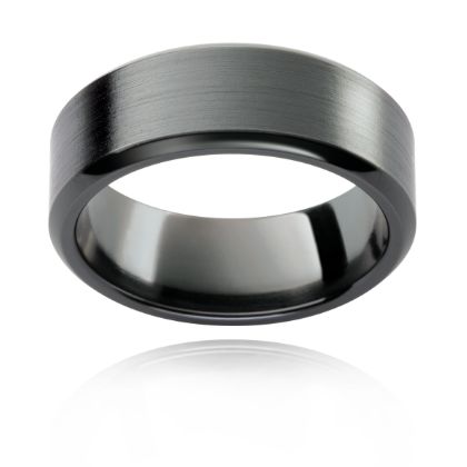 Black zirconium mens wedding ring with brushed top and bevelled edges