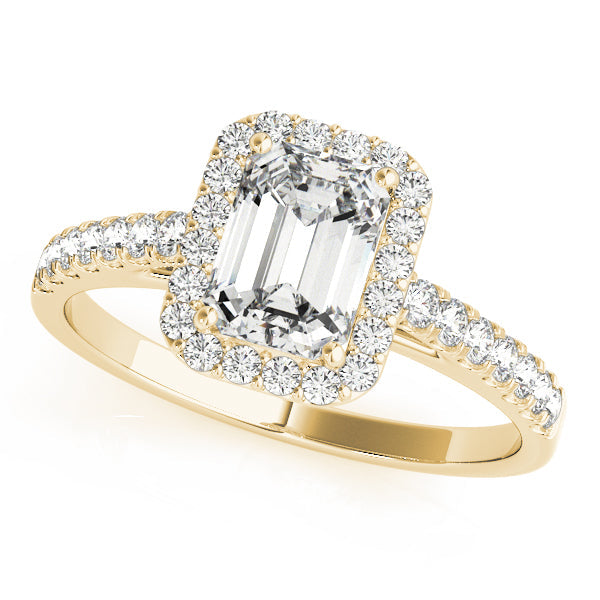 yellow gold engagement ring emerald cut moissanite centre with moissanite halo and moissanite on the band