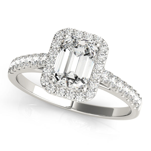 white gold engagement ring emerald cut moissanite centre with moissanite halo and moissanite on the band