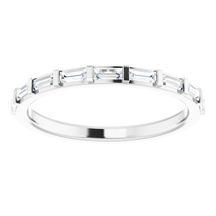 eternity ring with baguette cut diamonds in white gold 