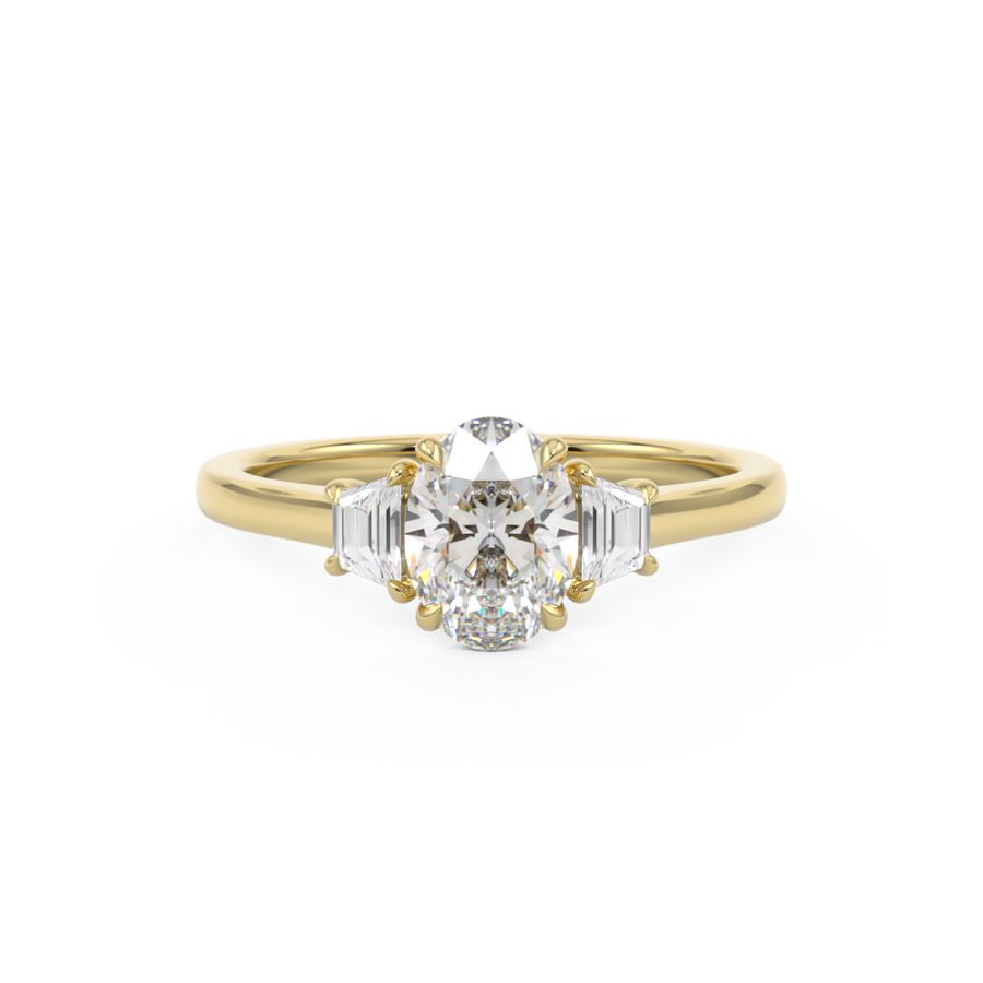 Oval Trilogy Three stone ring with trapezoid side stones