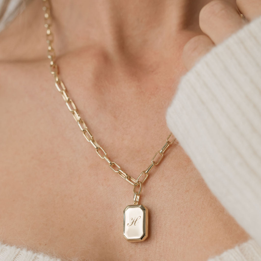 rectangular bevel locket engraved in gold with paperclip chain necklace