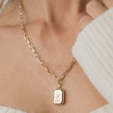 rectangular bevel locket engraved in gold with paperclip chain necklace