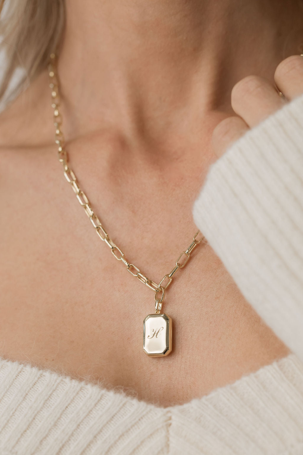 rectangular bevel locket engraved in gold with paperclip chain necklace