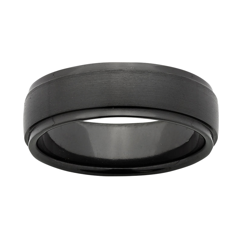 Black zirconium mens ring with brushed centre and polished edges