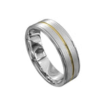 white gold mens wedding ring with brushed finish and yellow gold polished ridge in the middle and beveled edges