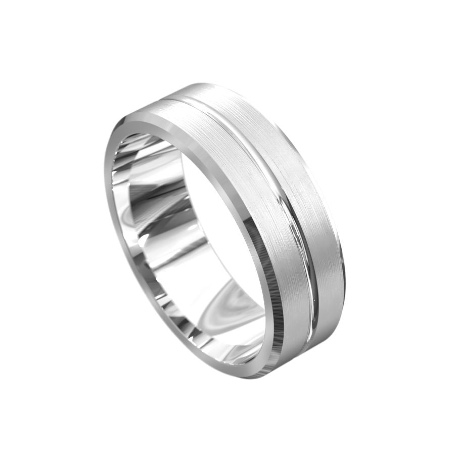 white gold mens wedding ring with brushed finish and polished ridge in the middle and beveled edges