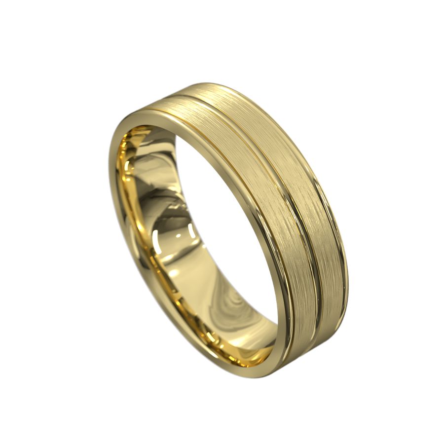 yellow gold mens wedding ring with brushed finish and polished ridge in the middle and beveled edges