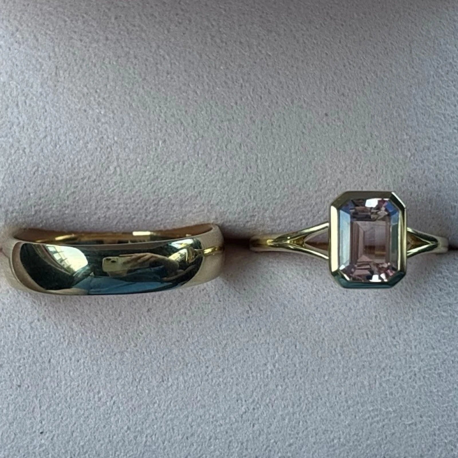 Custom emerald cut gemstone engagement ring in yellow gold by Harry & Co Adelaide jeweller