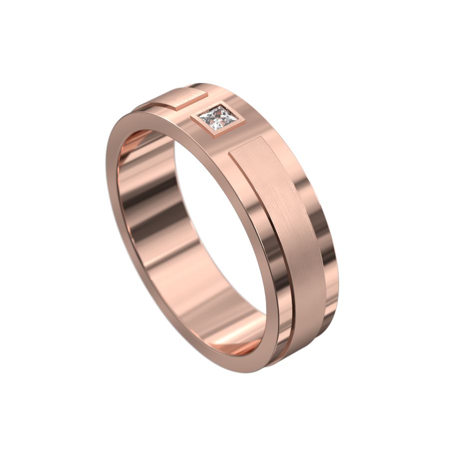 rose gold mens ring with brushed finish and polished sides with princess cut diamond