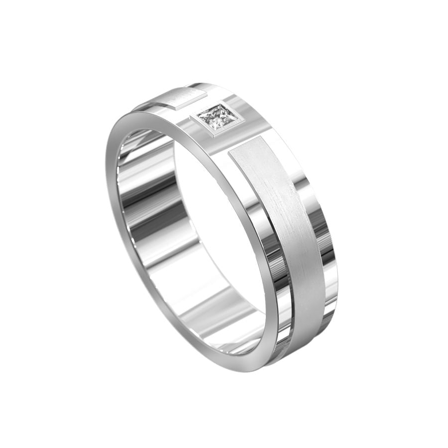 white gold mens ring with brushed finish and polished sides with princess cut diamond