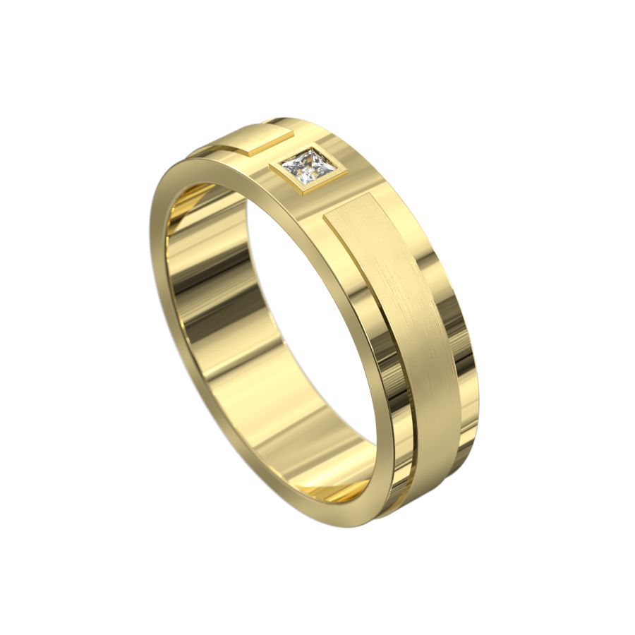 yellow gold mens ring with brushed finish and polished sides with princess cut diamond