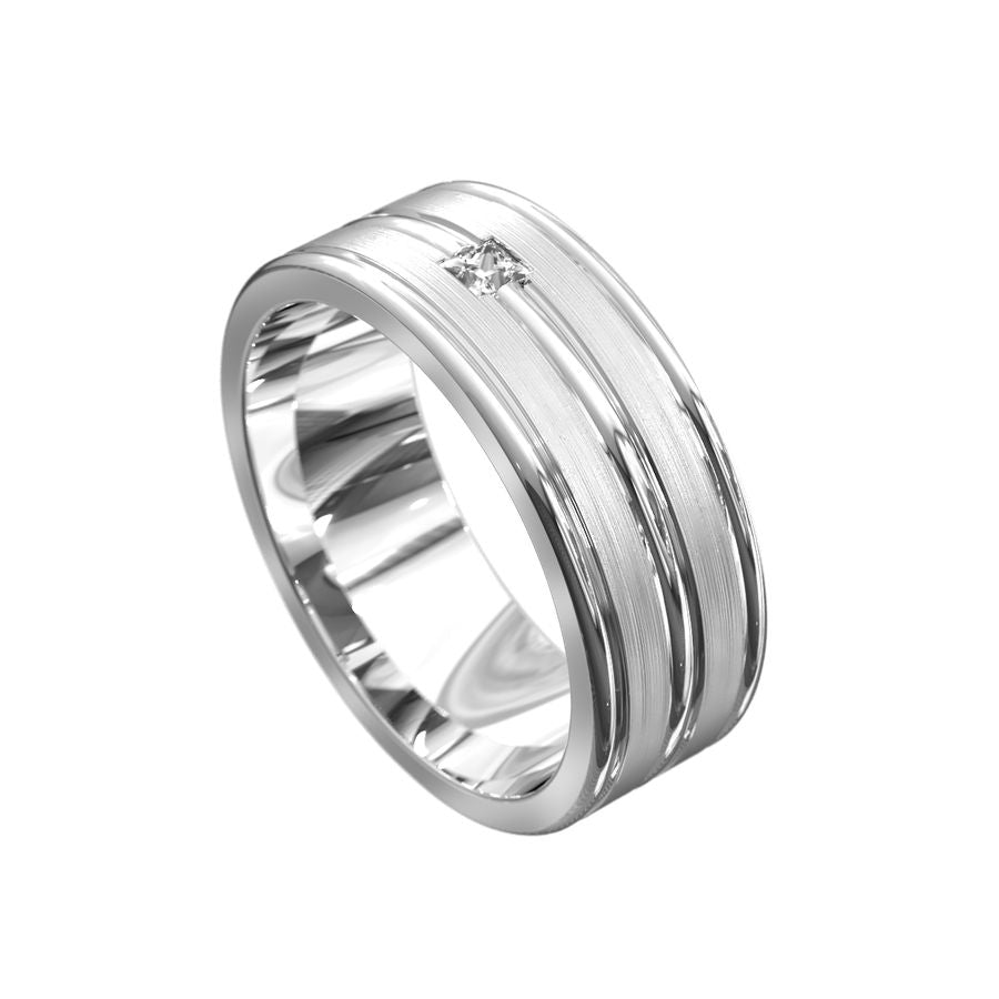 white gold mens ring with brushed finished and polished ridges and a princess cut diamond