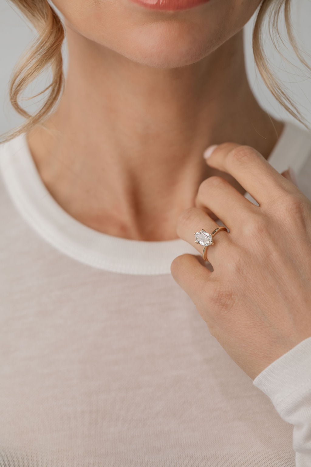 hexagonal cut diamond solitaire engagement ring