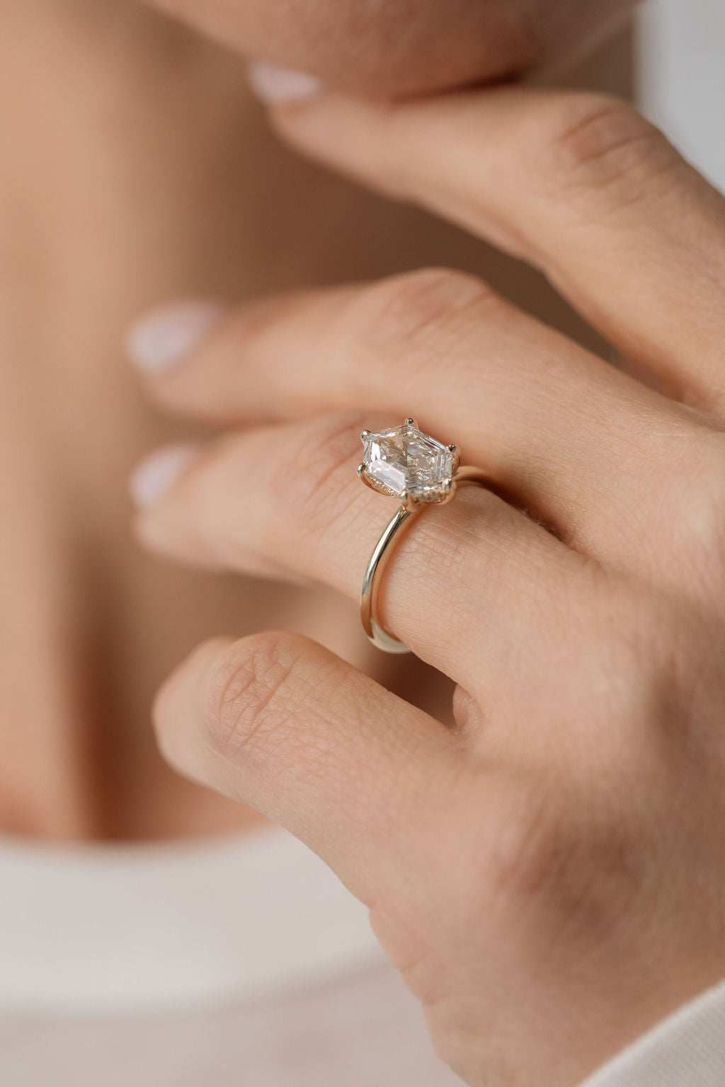 hexagonal cut diamond solitaire engagement ring