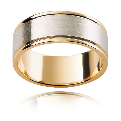 Hugo | A classic mens two tone wedding ring featuring a flat, brushed design with polished edges