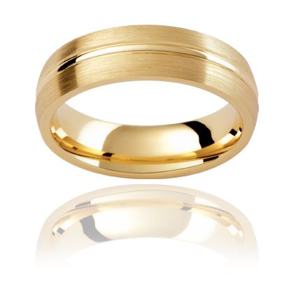 yellow gold mens ring with brushed finish and polished line through the middle