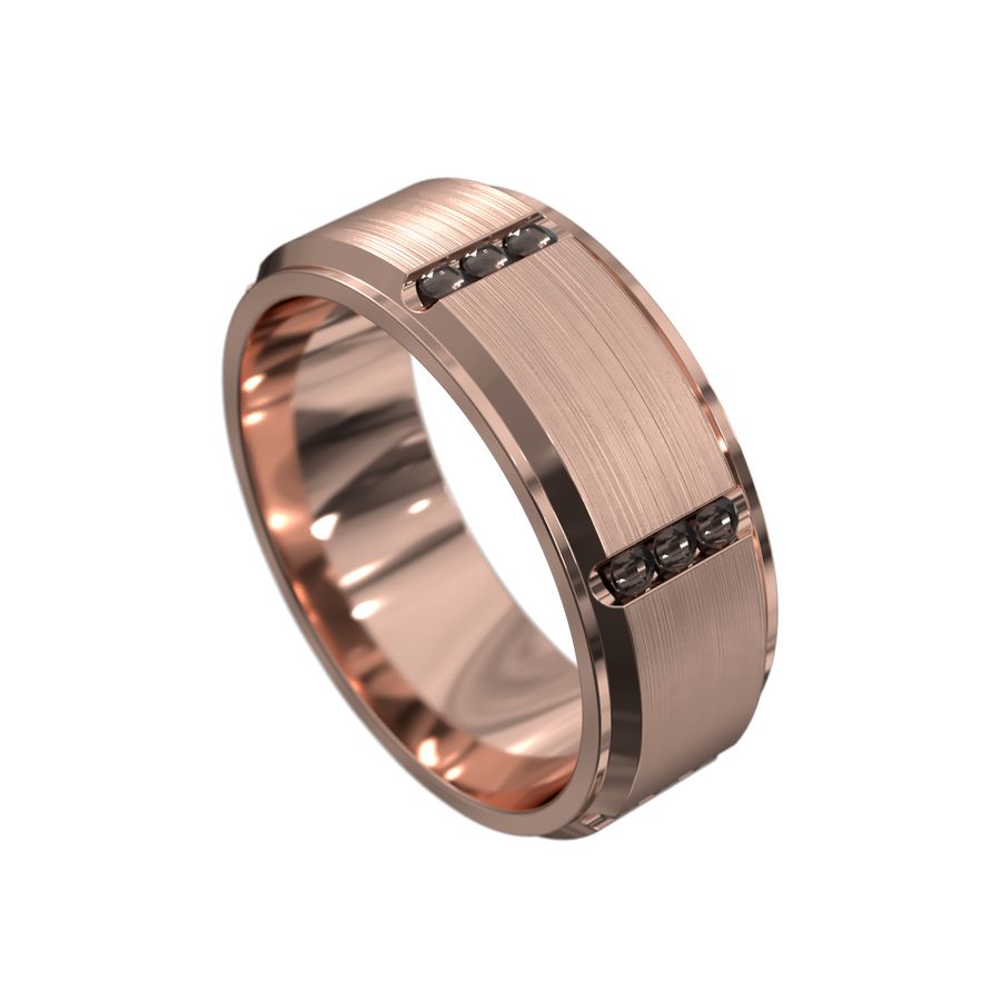 rose gold mens ring with brushed finish, bevelled edge and black diamonds