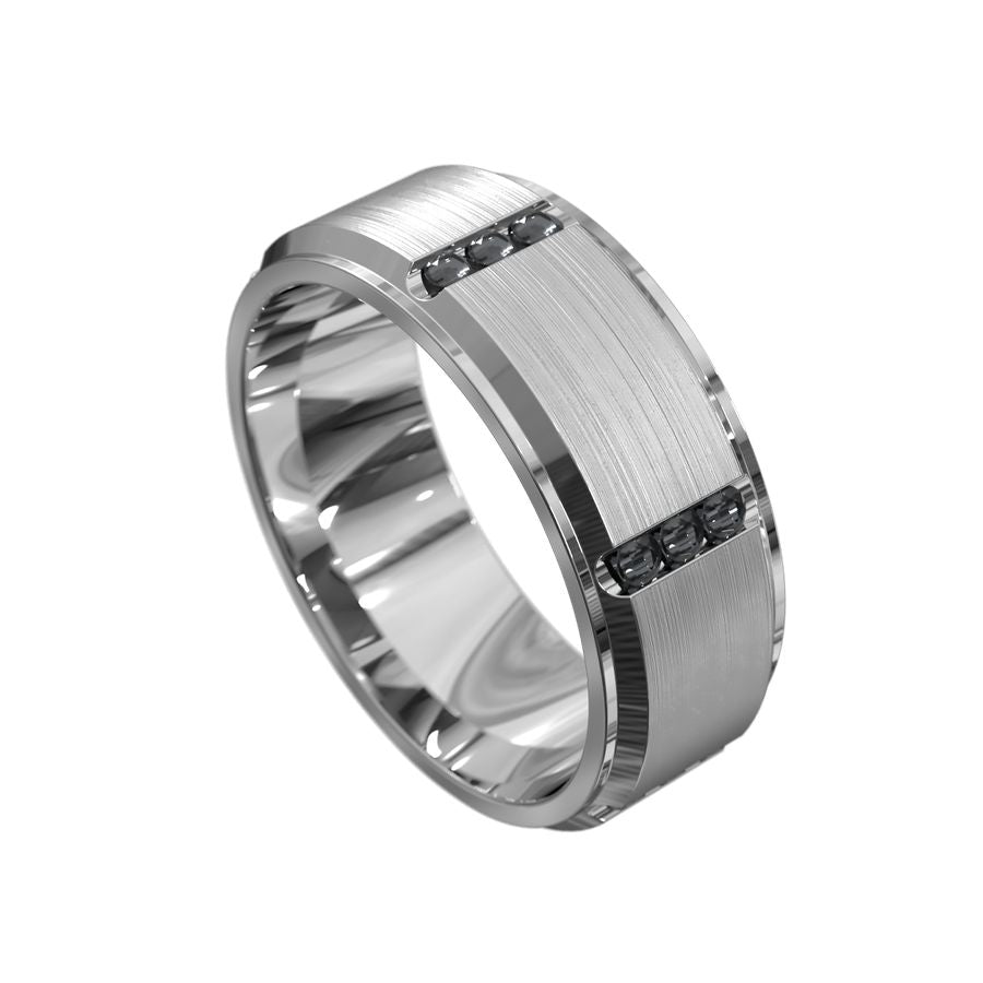 white gold mens ring with brushed finish, bevelled edge and black diamonds