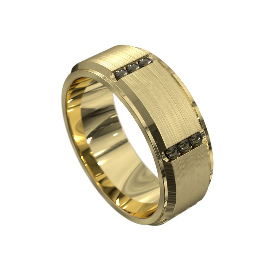 yellow gold mens ring with brushed finish, bevelled edge and black diamonds