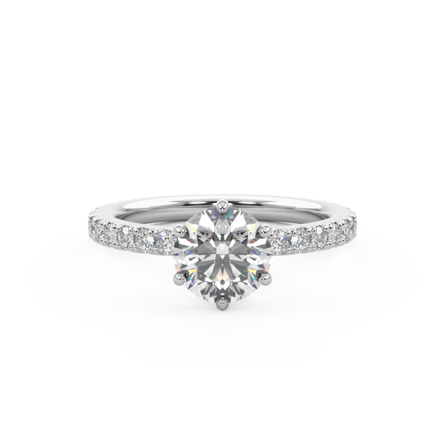 Platinum diamond ring with 6 claws and diamonds in the band