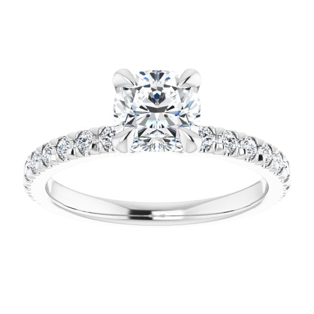 white gold cushion cut engagement ring with diamonds in the band