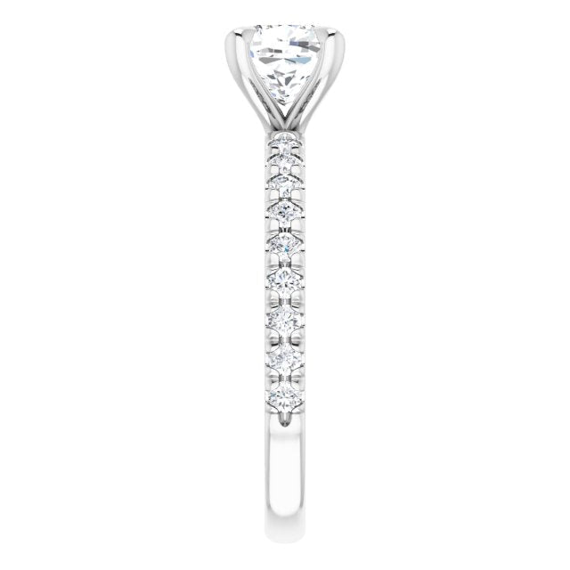 cushion cut moissanite engagement ring with a fine moissanite band