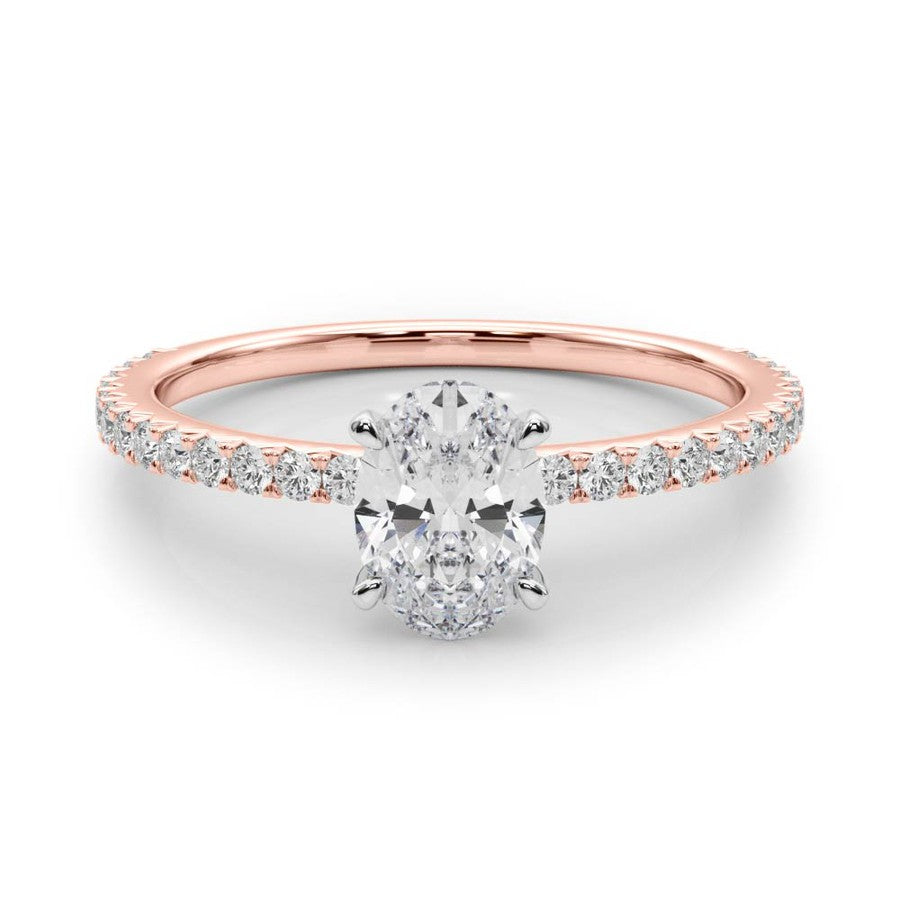 rose gold oval shape moissanite engagement ring with fine moissanite band