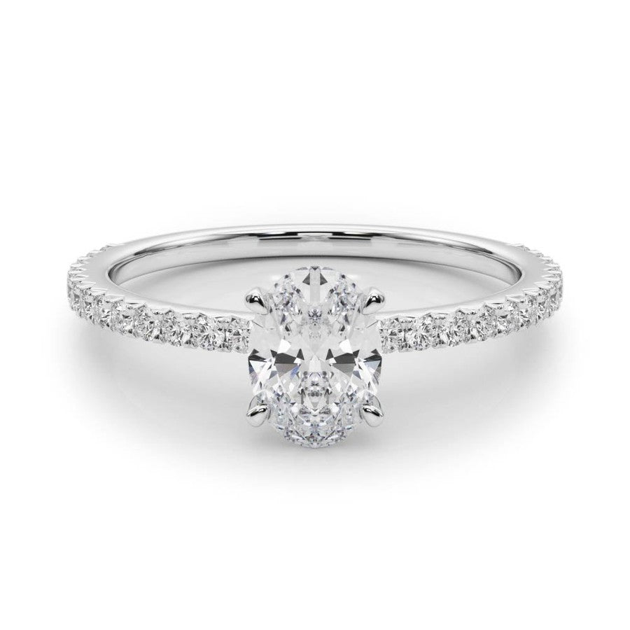 white gold oval shape moissanite engagement ring with fine moissanite band