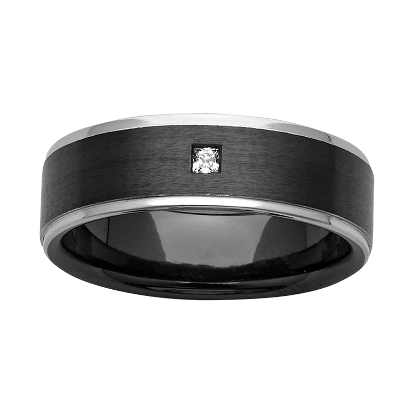 black zirconium mens wedding ring with white zirconium border and princess cut diamond