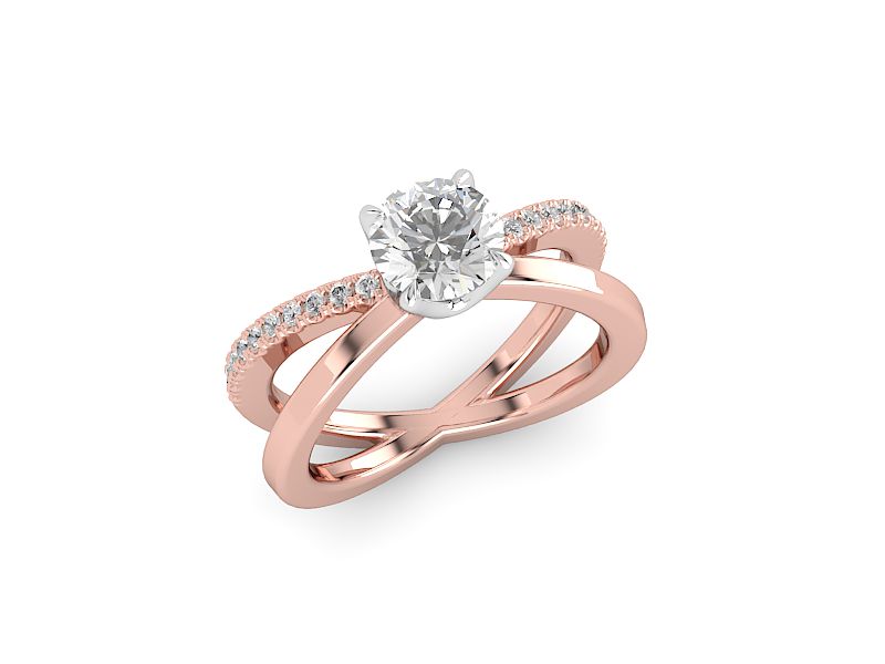 Rose Gold round moissanite engagement ring with flat cigar style criss cross band