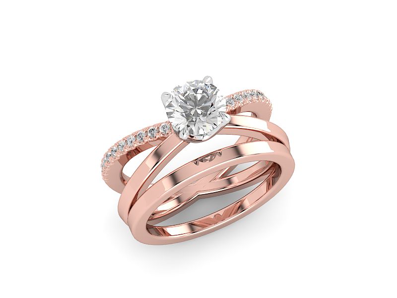 Rose Gold round moissanite engagement ring with flat cigar style criss cross band