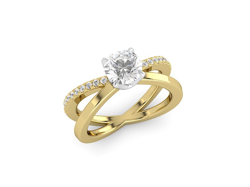 Yellow Gold round moissanite engagement ring with flat cigar style criss cross band