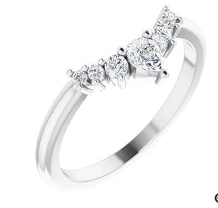 Moissanite Crown ring with Pear Accent - a curved shape moissanite ring with pear shape moissanite and round moissanite