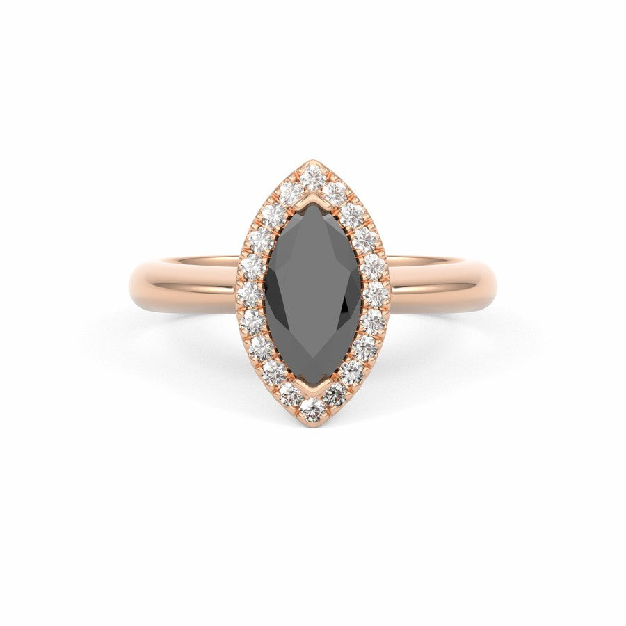 Rose Gold engagement ring with marquise shape black diamond and white diamond halo