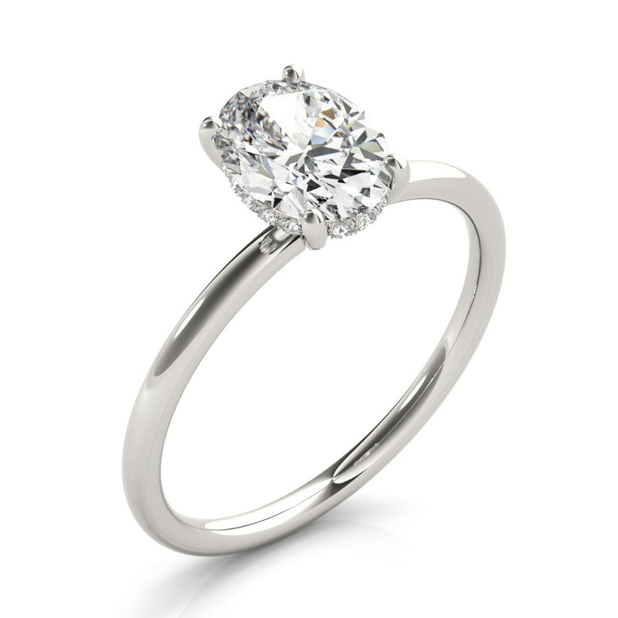 White Gold oval engagement ring with hidden halo
