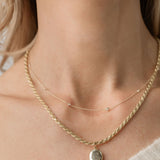 diamond satellite necklace with gold oval locket on rope chain